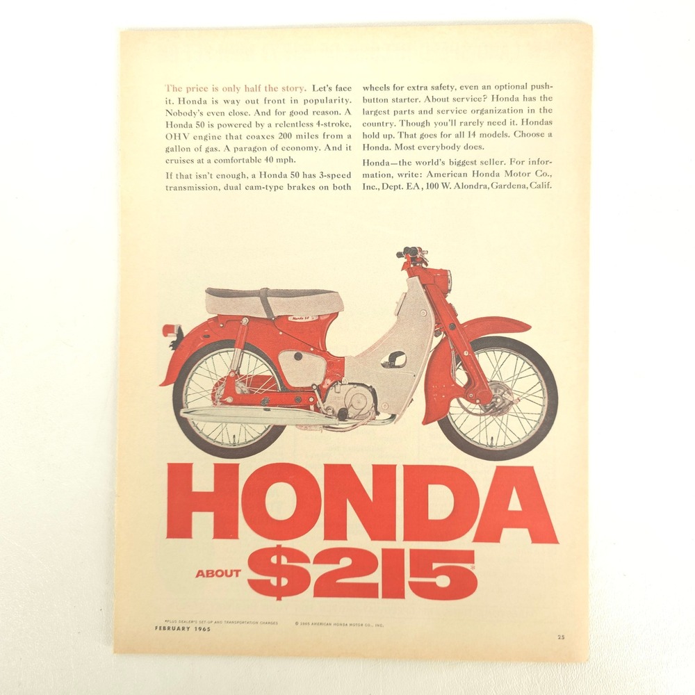 Vintage Honda 50 Motorcycle Print Ad Biker Garage Wall Art Car Show Display